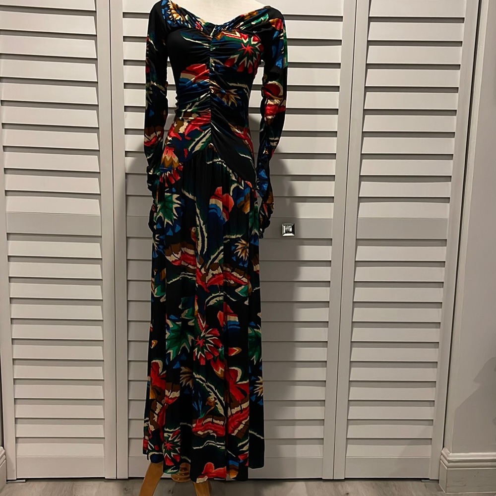 Farm Rio NWT Chevron Forest Black Jersey Dress colorful with long Sleep - Picture 4 of 12